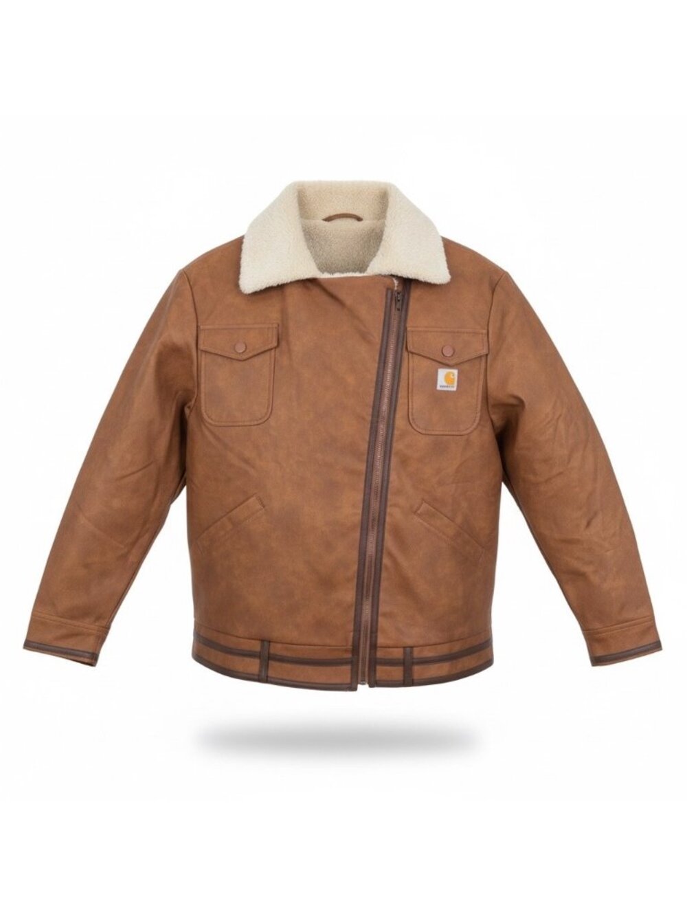 Carhartt Mens Brown Faux Leather Jacket With Sherpa Collar Size XL
